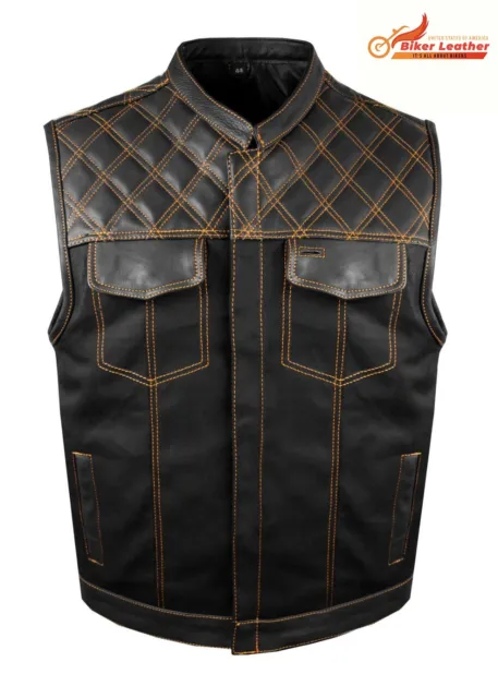 Men's Leather Denim Vest Diamond Cut Gun Pocket Motorbike Motorcycle Waistcoat