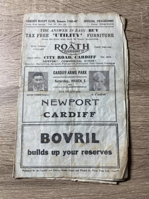 Cardiff RFC v Newport RFC 5 March 1949 1948-49 Rugby Union Programme