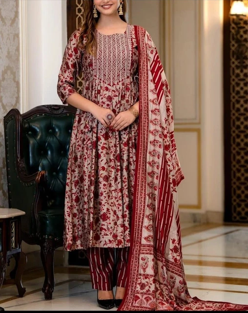 Pakistani Women Wear Indian Designer Straight Printed Kurti Pant & Dupatta Dress