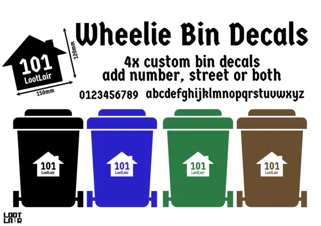 Set of 4 Wheelie Bin Number Stickers Custom House Vinyl Graphic Decal