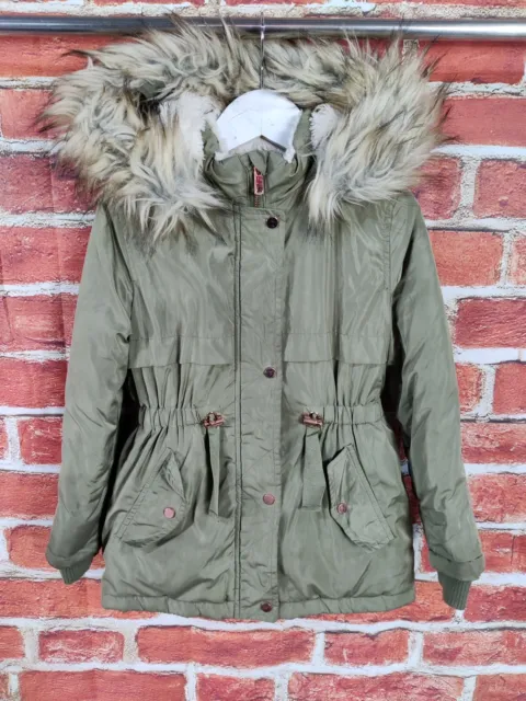 Cappotto Ragazza Età 6-7 Anni Noce Moscata Kaki Morbida Pelliccia Imbottita Parka Cappuccio 122Cm