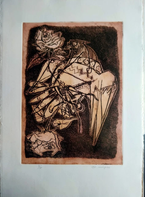 Minguzzi Luciano "Gallo con le rose" Acquaforte cm.70x50 Copia:7/140 Grafica Uno