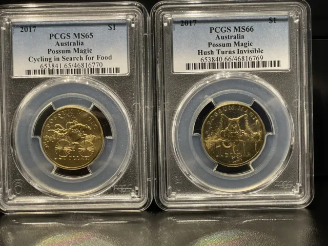 Bundle Of 2 x 2017 Australian  PCGS MS65 & MS66 Possum Magic $1 UNC Coins