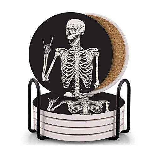 Set of 6 Coaster for Drinks Absorbent with Cork Base, Metal Holder,