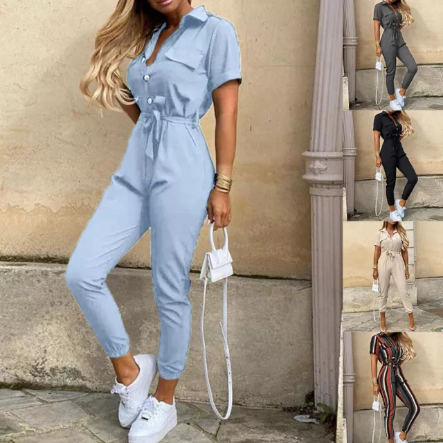 Womens Striped Short Sleeve V Neck Jumpsuit Ladies Casual Holiday Summer Rompers