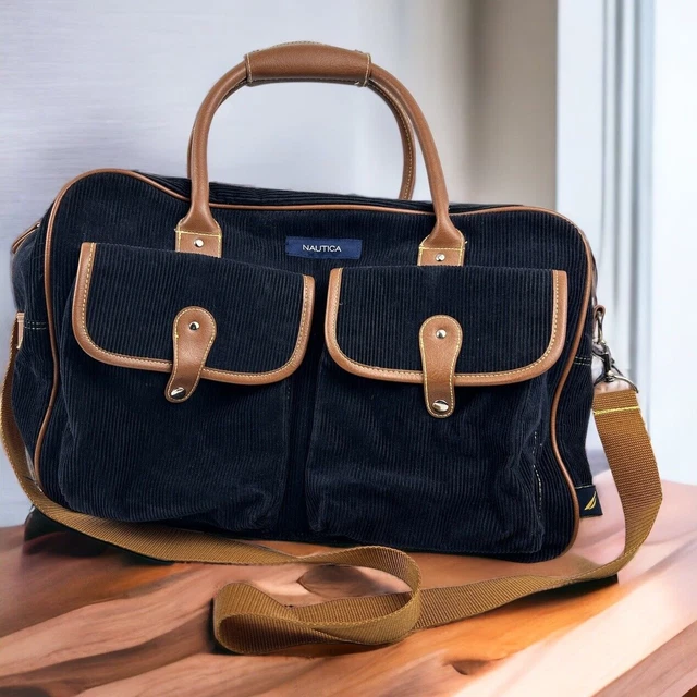 Vintage Nautica Corduroy Navy Tan Overnight Carry On Duffle Bag Luggage Tote EUC