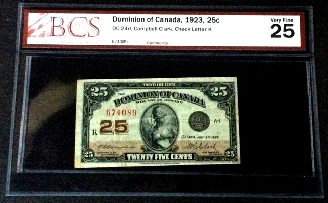 1923 Dominion Of Canada 25 Cents Banknote Graded Bcs Vf-25 Campbell/Clark