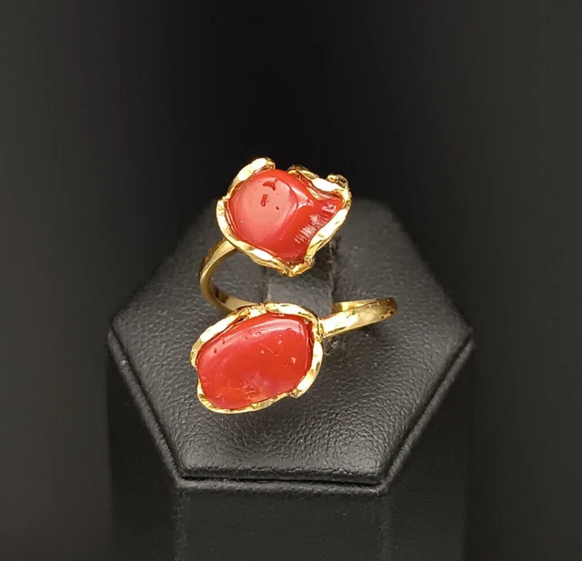 Bague Femme En Corail Rouge Vrai De Sardaigne, Argent 925 Plaqué Or Jaune, Taille Réglable