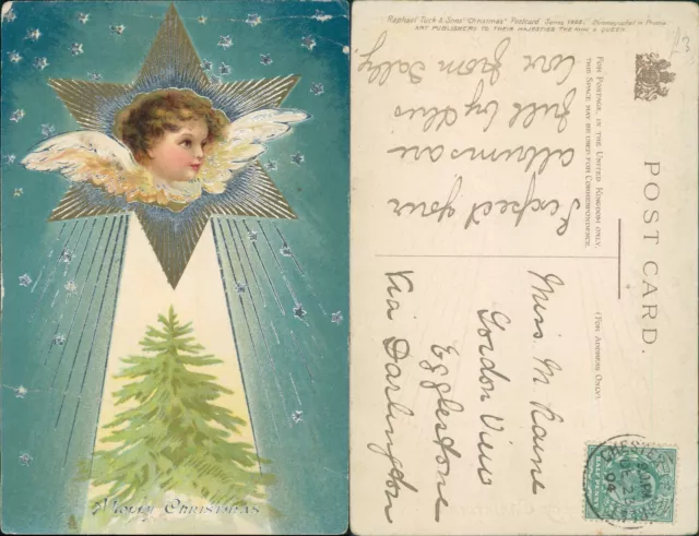 Tucks Christmas 1908 Stars Angel Tree GB KEVII 1904 Chester Le Trent SOTN Cancel