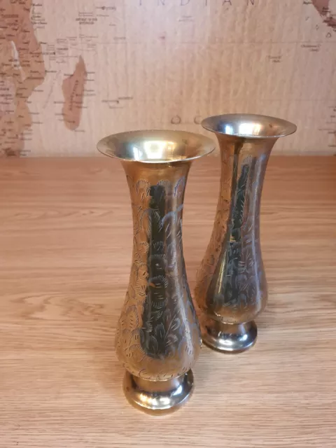 Vintage Matched Pair Of Brass Indian Vases With Floral Design