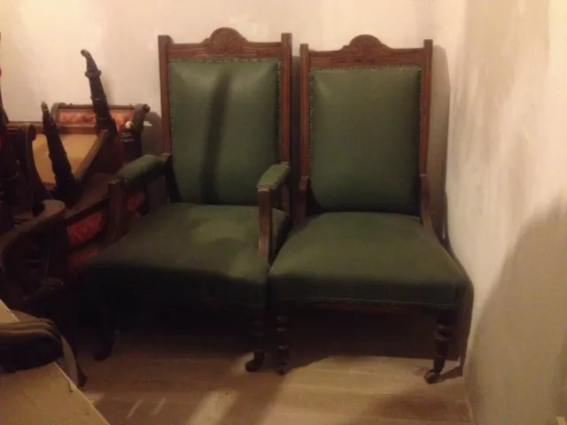 Pair Gothic Mahogany Ladies & Gentlemen Victorian Throne Hall Library Armchairs