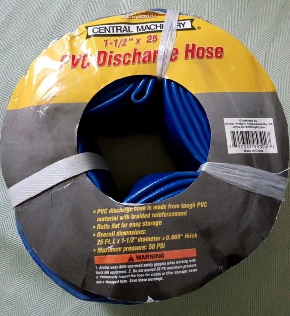 Central Machinery Water Discharge Hose 1-1/2" x 25 FT  Blue PVC Discharge Hose