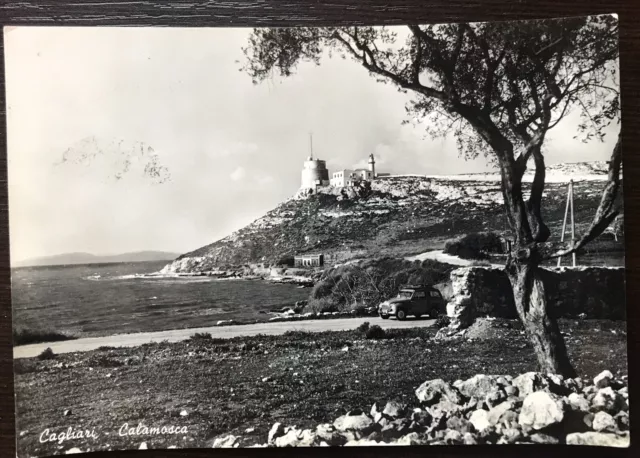 Vecchia Foto Cartolina CAGLIARI - CALAMOSCA con auto d'epoca - viaggiata 1958