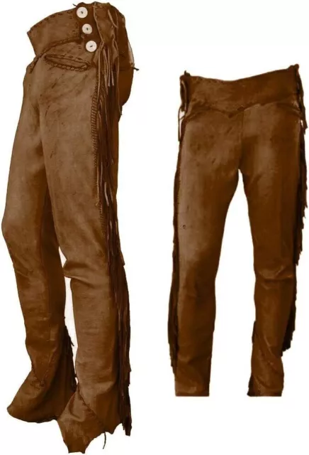 Men Native American Western Cowboy Leather Pants Suede Leg Side Fringe Brown