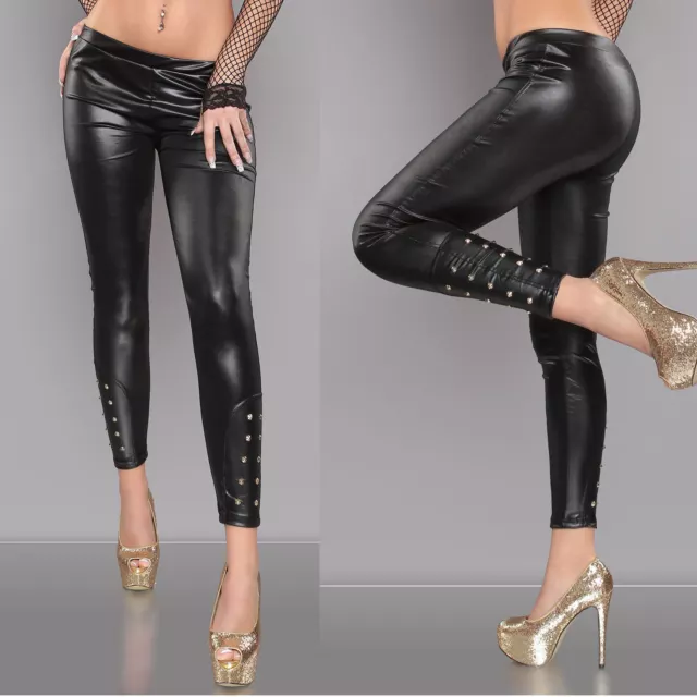 New Ladies Womens Shiny Leather Look Black Leggings Size 8 Wet Look  Trouser