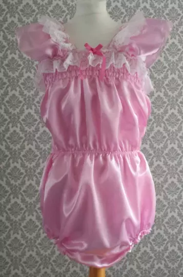 All Sizes sissy adult Romper Dress in Pink satin white lace CD TV abdl ddlg xxl