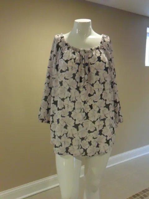 Apt.9 Women's plus Henley Peasant Sheer Top Gray/Pink Floral Size:3X New w/tag