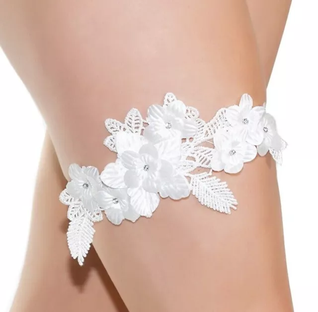 White Floral Crochet Applique Garter W/Rhinestones, Bride, Sexy Bridal, Wedding