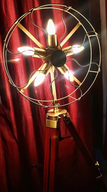 Old Style Fan Light Brass Floor Lamp With Wooden Adjustable Tripod Stand Modern