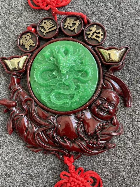 Dragon Chinese Faux jade with wood carvings & knotted rope wall hanging decor