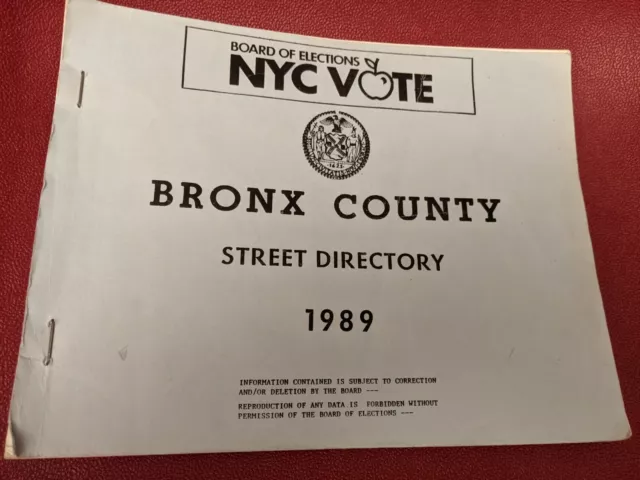 NYC VOTE Board Of Elections Bronx County Street Directory 1989