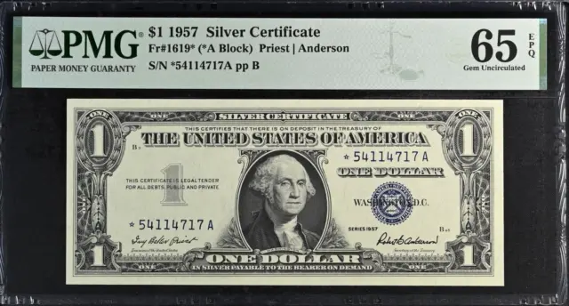 1957 $1 Silver Certificate Star Note, Fr1619*, Pmg Gem Uncirculated 65 Epq 4717