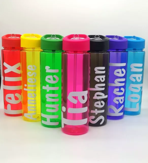 Flip Top Straw Personalised Name Water Drinks Bottle Kids Sports Teacher Party