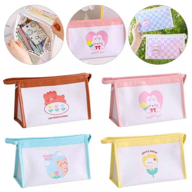 Cute Travel Makeup Bag Cartoon Grid Pencil Bag Storage Bag Simple Pencil Case