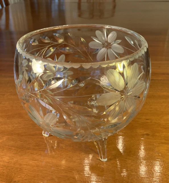 Vintage Clear Crystal American Brilliant Cut Glass Three Footed Bowl 7 1/2” X 7”