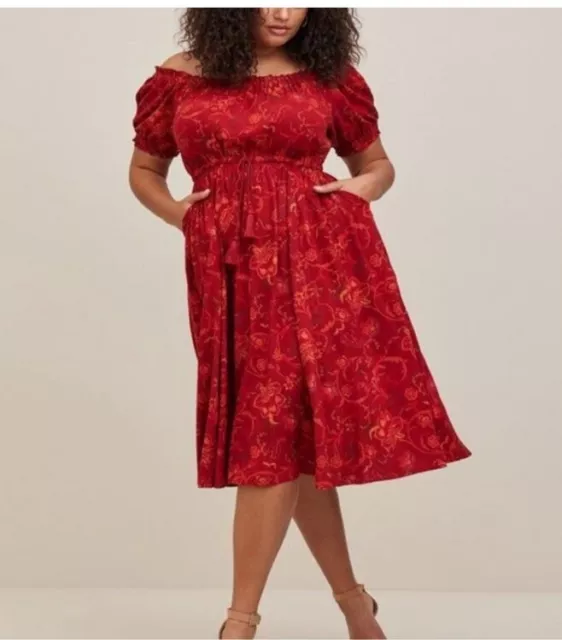 TORRID Women’s Midi Rayon Twill Off Shoulder Peasant Red Floral Dress 2X NWT