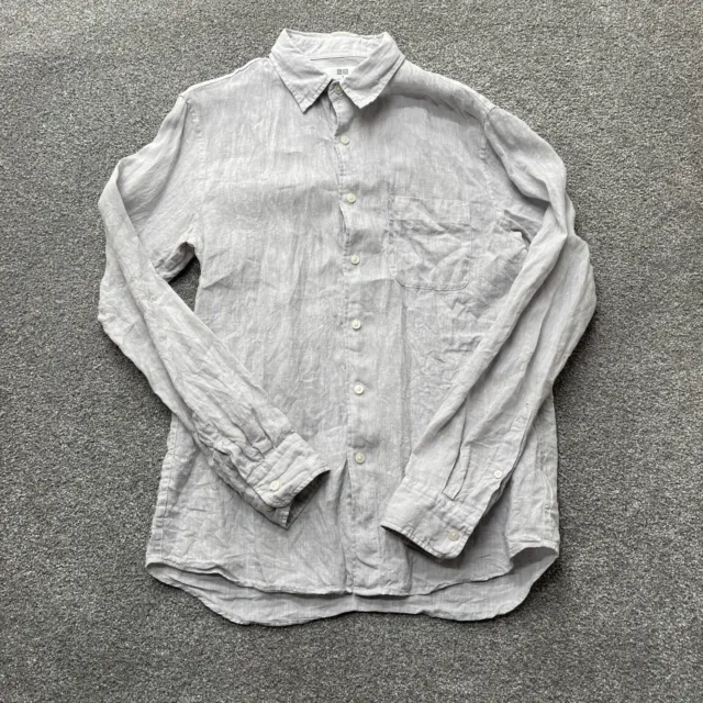 Uniqlo Shirt Adult Medium Gray Linen Button Long Sleeve Casual Button Up Mens
