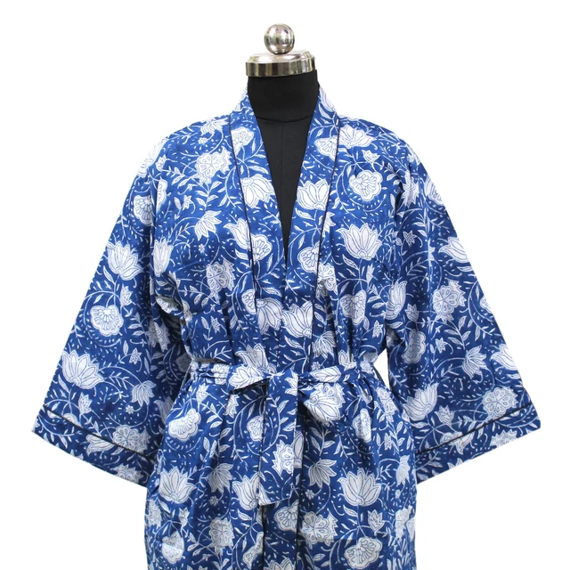 Indian Hand Block Printed Cotton Kimono Robe, Floral Print Kimono Bathrobe