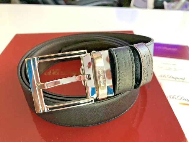 S.T. Dupont 30mm Reversible Black Leather Belt, Palladium Buckle, 7920143,  NIB 3597390193827