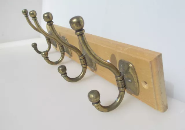 Wooden Coat Rack Hat Brass Hooks Hangers Old Wood Retro 6.5"W