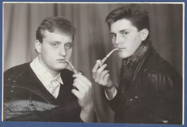 Two handsome guys smoking with pipes, nice boys Soviet Vintage Photo USSR
