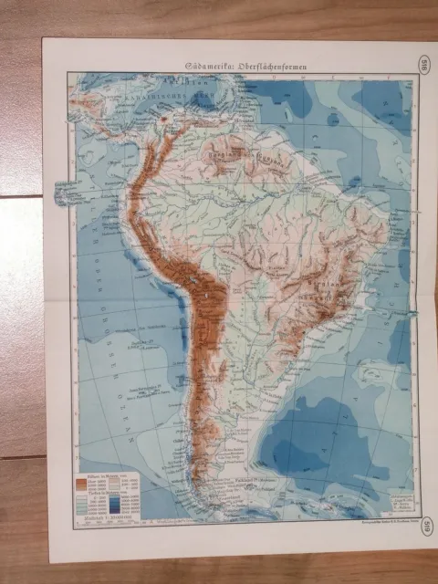 1938 Original Vintage Physical Map Of South America Amazon Andes Brazil