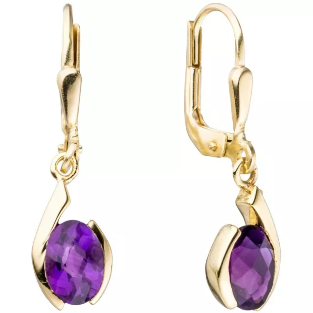 Paar Ohrringe Ohrhänger mit Amethyst violett lila oval, 333 Gold Gelbgold Damen