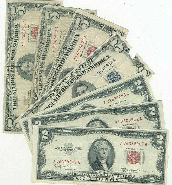 Mixed Lot (7) $2 & $5 Silver Cert/Red Seal U.s. Notes/Star/2 Crisp Unc! Free S/H