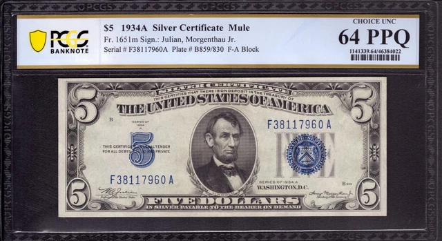1934 A $5 SILVER CERTIFICATE NOTE FR 1651m MULE FA BLOCK PCGS B CU 64 PPQ