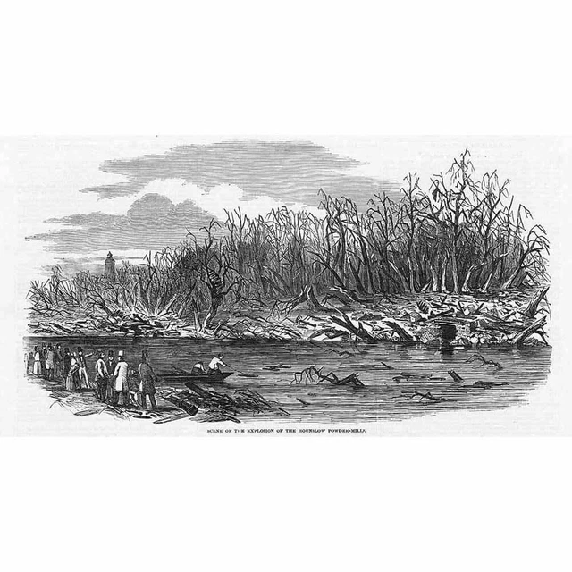 LONDON Scene of the Explosion at Hounslow Powder Mills - Antique Print 1850