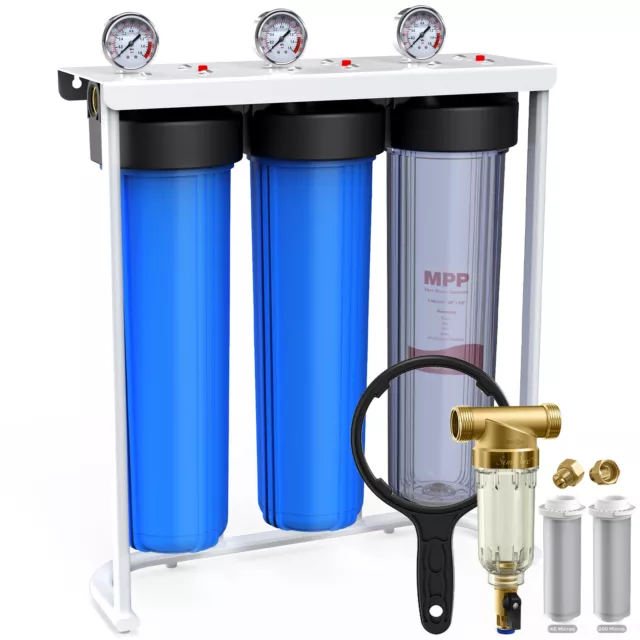 3 Stage 20x4.5" Big Blue Spin Down Sediment Whole House Water Filter System Set