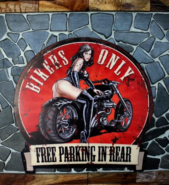 Blechschild Biker Only Free Parking  Motorrad PinUp 30x30cm