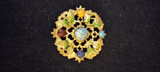 Beautiful Antique CZECH Gold Tone Brooch With Faux Turquoise Amber Ruby & Lapis