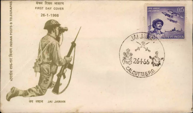 1966 INDIEN First Day Cover JAI JAWAN Briefmarke FDC INDIA Stempel CALCUTTA GPO