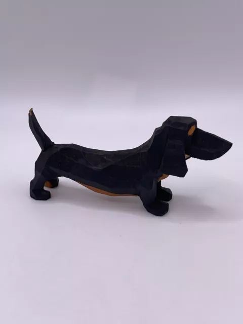 Dachshund Dog Figurine Hand Carved Wooden Miniature Wiener Puppy Trinket ***