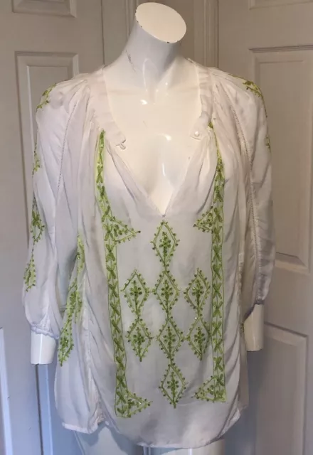 STUNNING Melissa Odabash Kaftan Top Blouse One Size Embroidered  White & Green