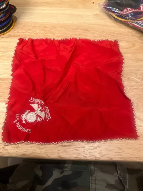 Vintage Red Silk US Marine Corp’s WW2 Sweetheart Handkerchief 9x9 Semper Fidelis