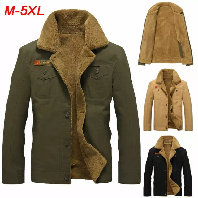 Mens Fleece Lined Trucker Jackets Sherpa Coat Winter Army Cotton Cargo Military