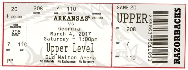 Arkansas Razorbacks SEC Basketball Ticket Stub Georgia Game 3/4/2017 Bud Walton