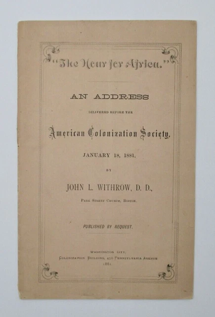 The Hour for Africa - American Colonization Society John Withrow 1881 Liberia